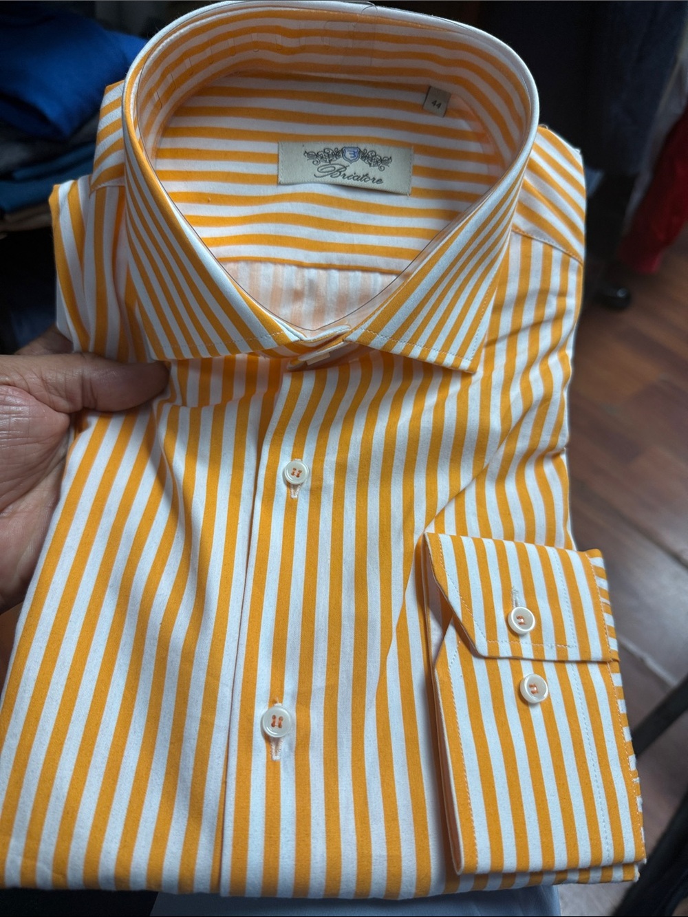 Bratore Men’s  light orange & White Stripe Dress Shirt 100% Baumville cotton